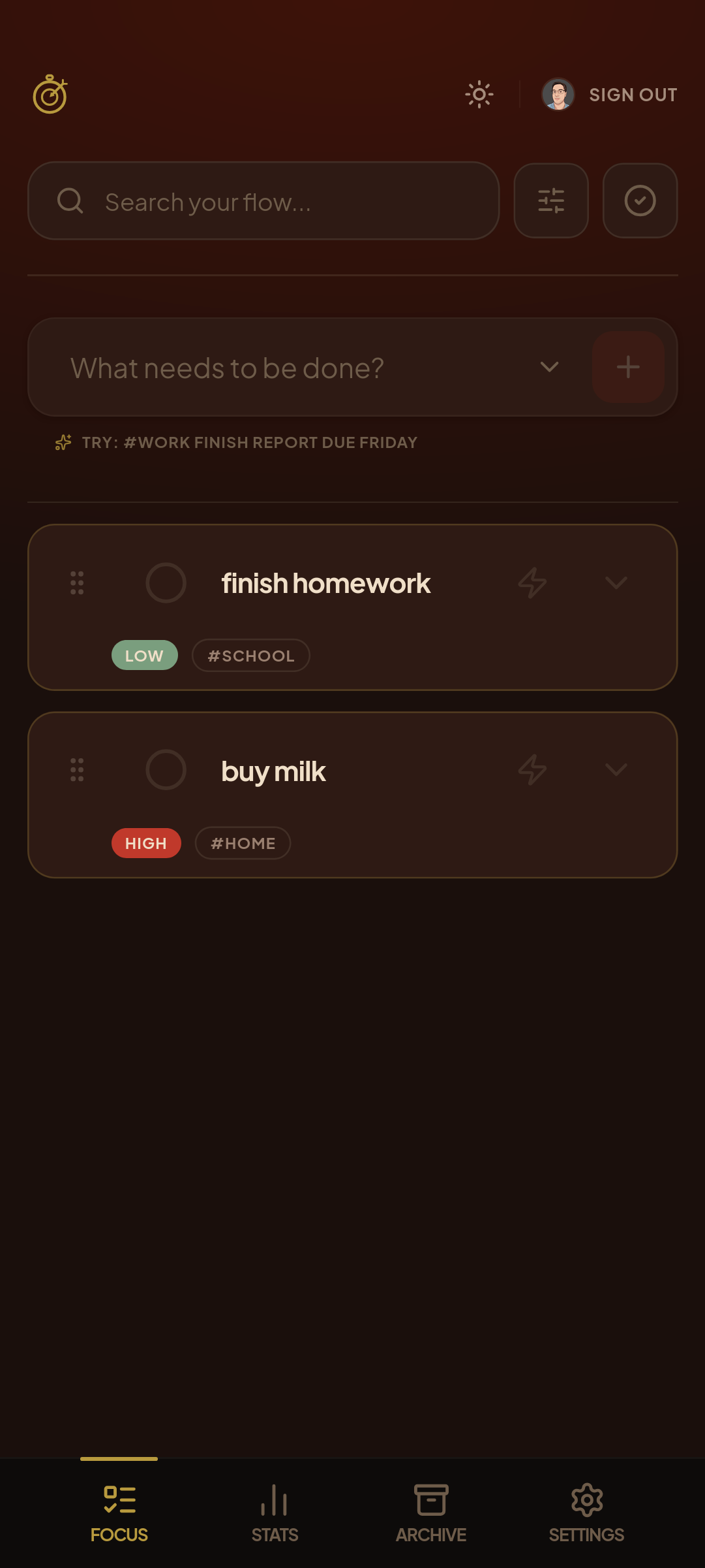 Pomoku task list showing active focus tasks